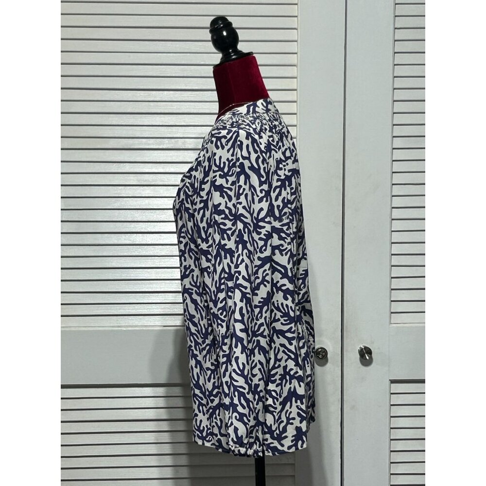 Lilly Pulitzer Women's White Navy Blue Silk Coral Elsa Blouse Top Size L 3083 - Picture 5 of 12